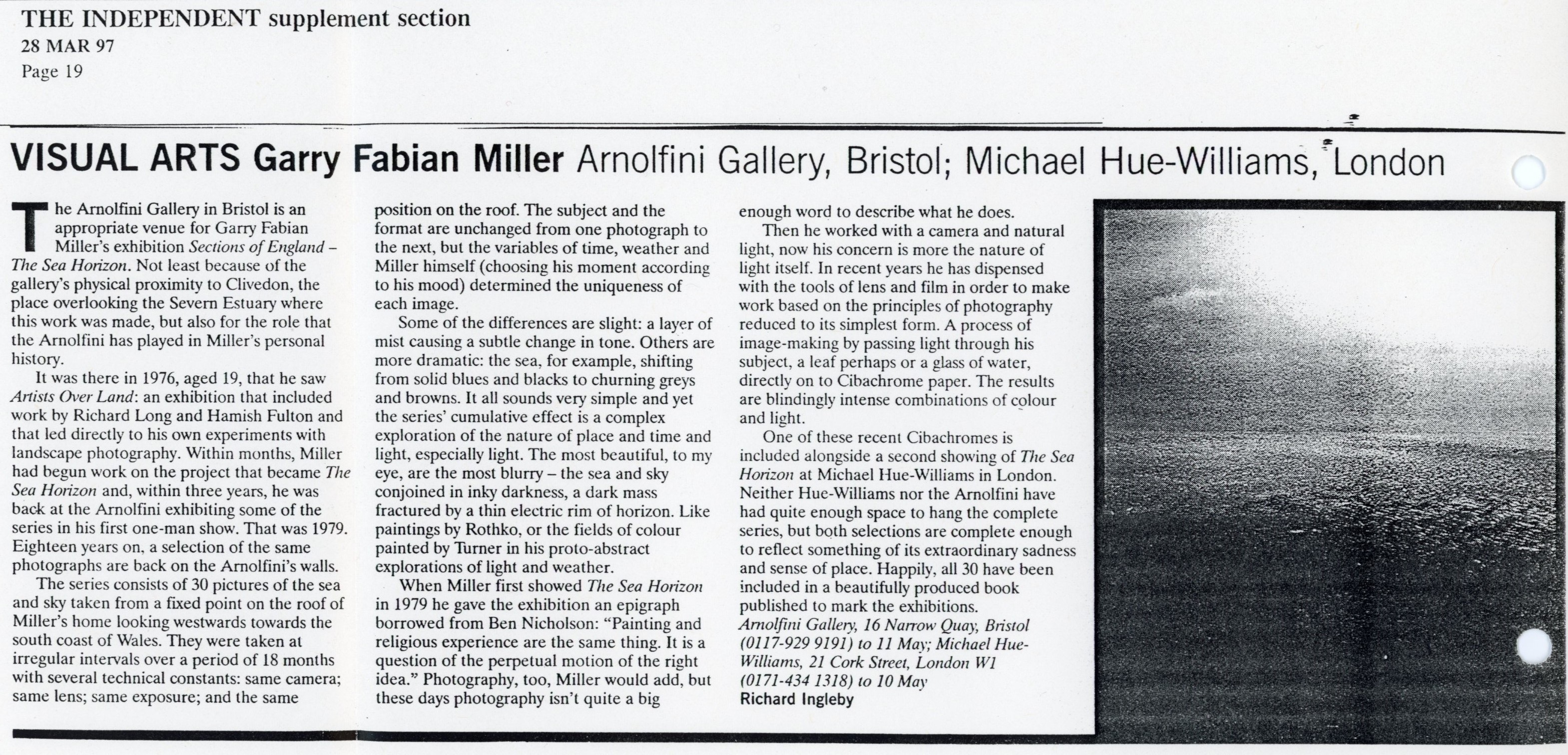 'Exhibition Review: 'Garry Fabian Miller: Arnolfini Gallery, Bristol', 28th March 1997.